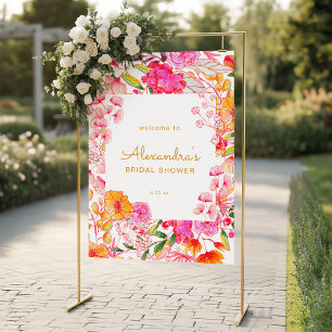 Pink Orange Watercolor Flowers Bridal Shower Sign