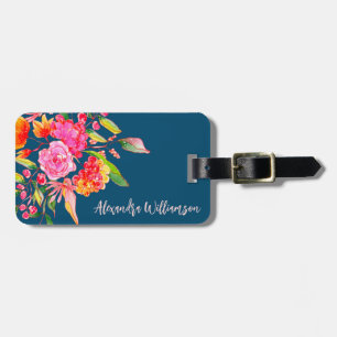 Pink Orange Watercolor Flowers Custom Blue ID Luggage Tag