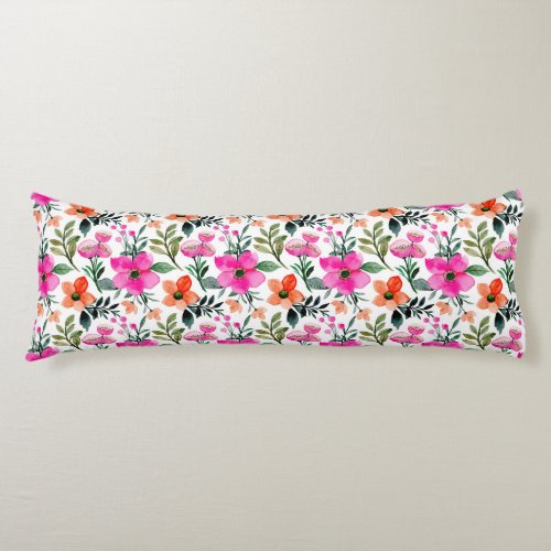 Pink Orange Watercolor Flowers Green Leaves White Body Pillow