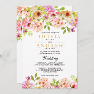 Pink Orange Watercolor Frame Flowers Wedding Invitation
