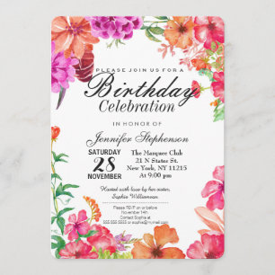 Pink Orange Watercolor Garden Birthday Party Invitation