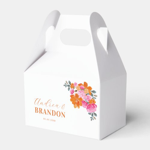 Pink Orange Watercolor Garden Floral Names Wedding Favor Boxes