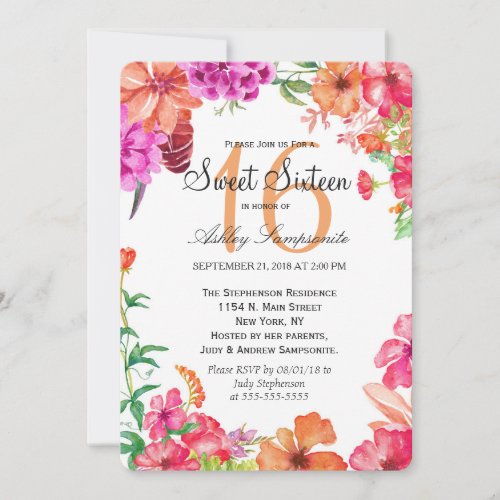 Pink Orange Watercolor Garden Sweet 16 Invitations