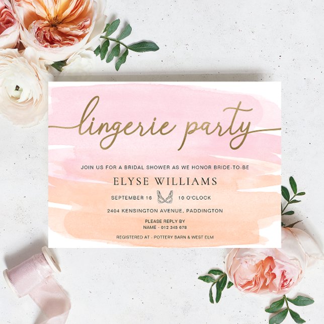 Pink Orange Watercolor Gold Lingerie Party Shower Invitation (Lingerie Party Bridal Shower Invitation Pink Orange Watercolour Gold )
