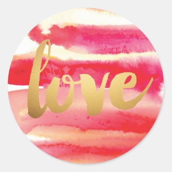 Pink Orange Watercolor Gold Love Classic Round Sticker by beckynimoy at Zazzle