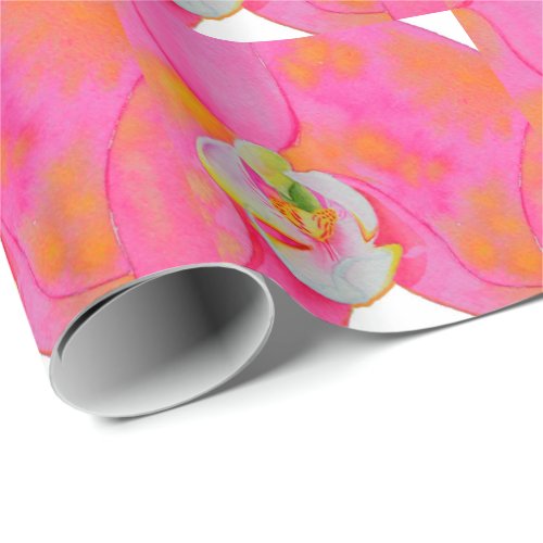 Pink orange watercolor Orchid painting Wrapping Paper