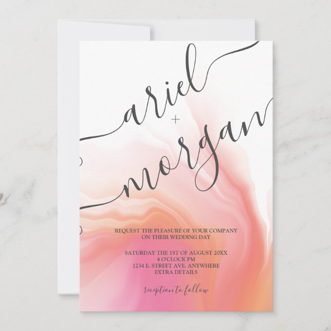 Pink & Orange Watercolor Script Photo Wedding Invitation (Front)