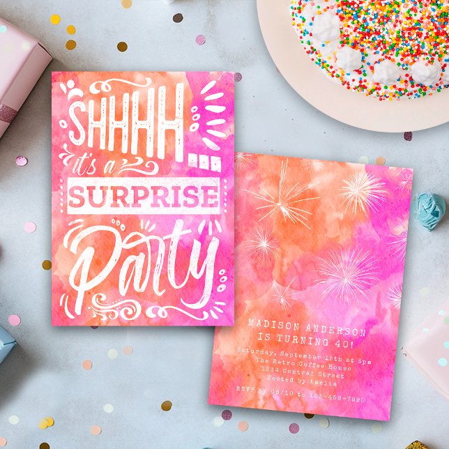 Pink Orange Watercolor Shh Surprise Birthday Party Invitation (Creator Uploaded)