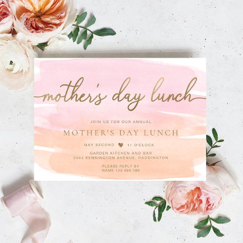 Pink Orange Watercolour Gold Mothers Day Lunch Invitation