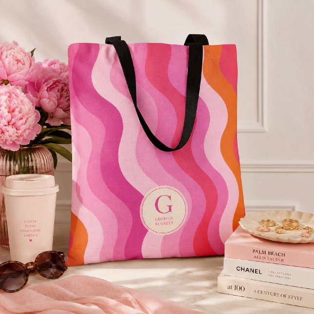 Pink Orange Waves Personalized Monogram Tote Bag (Creator Uploaded)