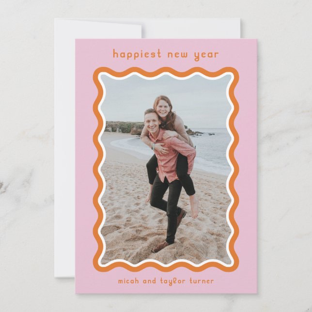Pink & Orange Wavy Frame Happiest New Year Holiday Card (Front)