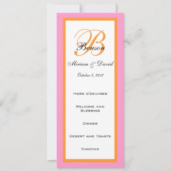 Pink Orange Wedding Menu Cards by monogramgallery at Zazzle