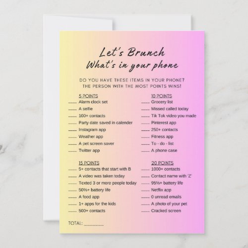 Pink Orange Whats In Your Phone Brunch Party Game Invitation
