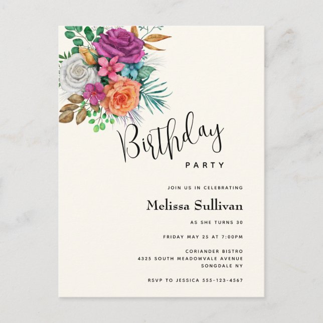 Pink, Orange & White Roses Birthday Invitation Postcard (Front)
