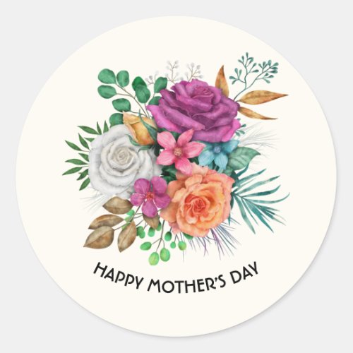 Pink Orange  White Roses Bouquet Mothers Day Classic Round Sticker