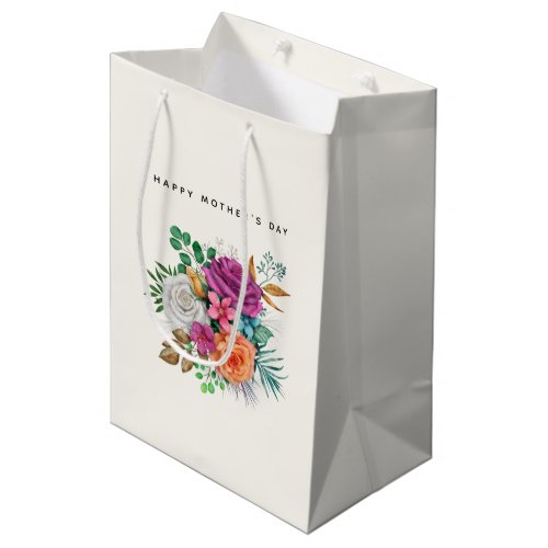 Pink Orange  White Roses Bouquet Mothers Day Medium Gift Bag