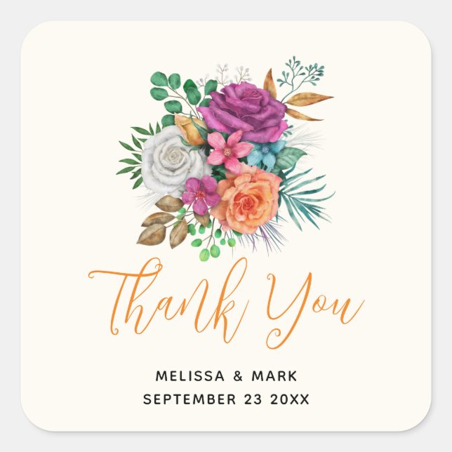 Pink, Orange & White Roses Bouquet Wedding Square Sticker (Front)