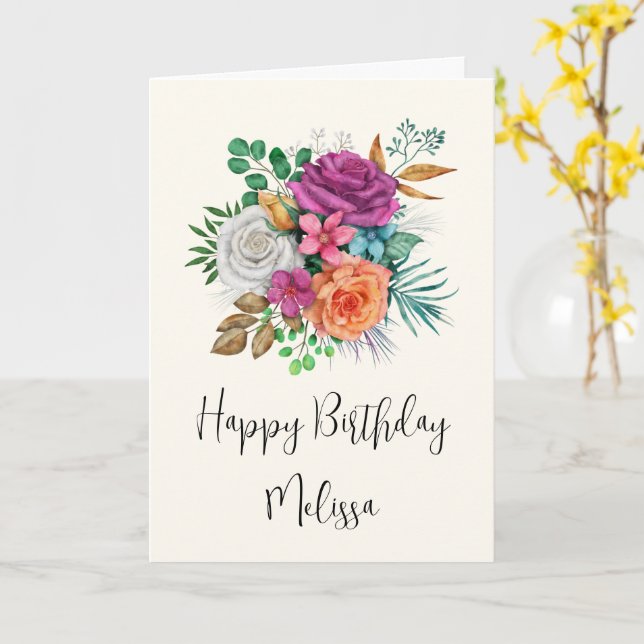 Pink, Orange & White Roses Floral Bouquet Birthday Card (Yellow Flower)