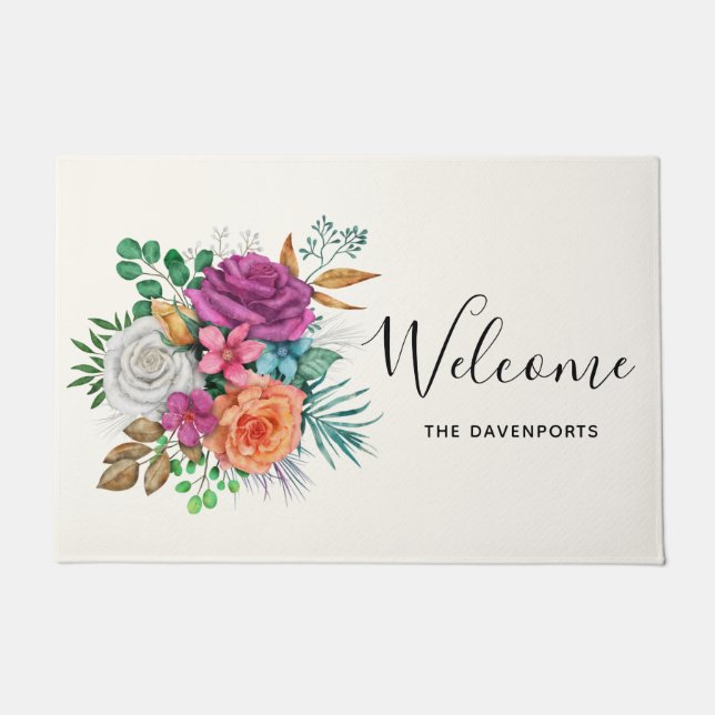 Pink, Orange & White Roses Floral Bouquet Doormat (Front)