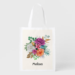 Pink, Orange & White Roses Floral Bouquet Grocery Bag