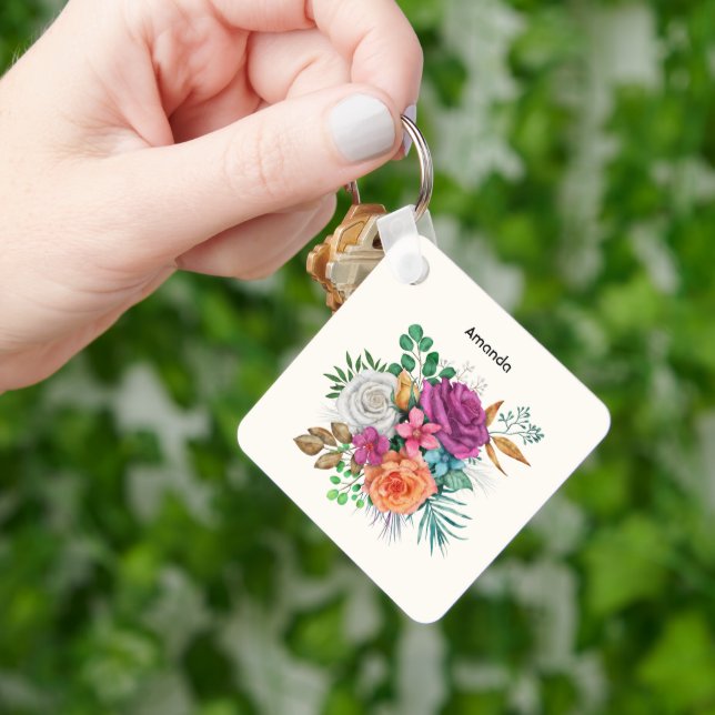 Pink, Orange & White Roses Floral Bouquet Keychain (Hand)