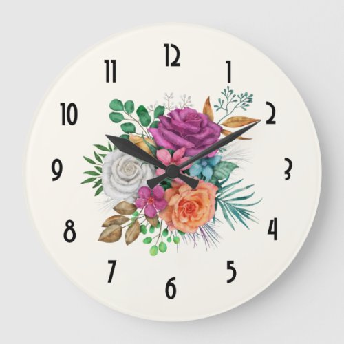  Pink Orange  White Roses Floral Bouquet Large Clock