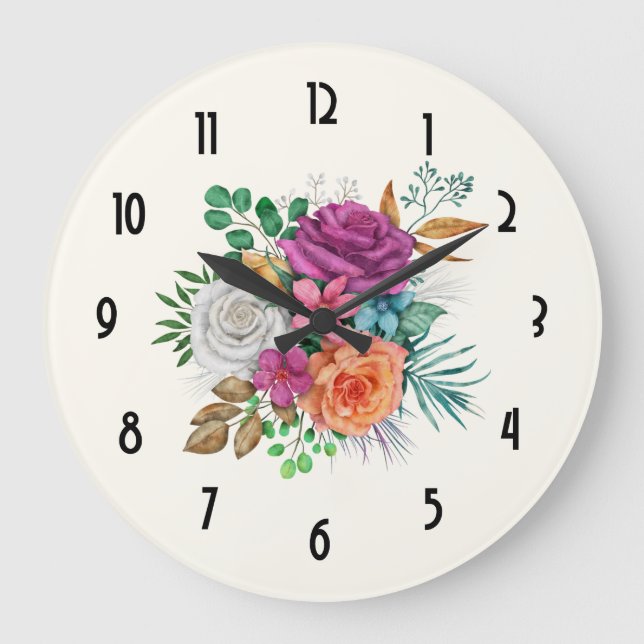  Pink, Orange & White Roses Floral Bouquet Large Clock (Front)
