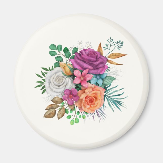 Pink, Orange & White Roses Floral Bouquet Magnet (Front)