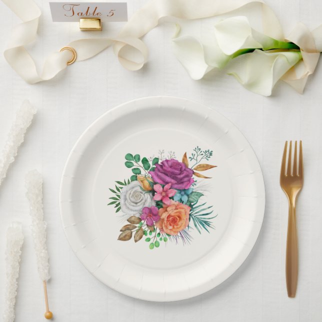 Pink, Orange & White Roses Floral Bouquet Paper Plates (Wedding)