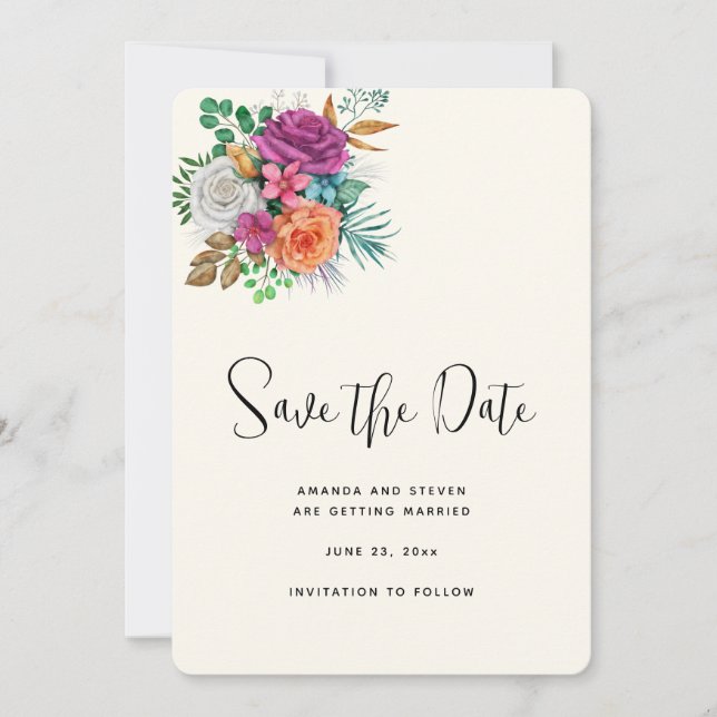 Pink, Orange & White Roses Floral Bouquet Save The Date (Front)