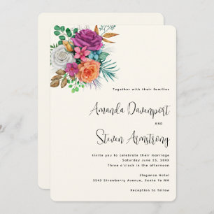 Pink, Orange & White Roses Floral Bouquet Wedding Invitation