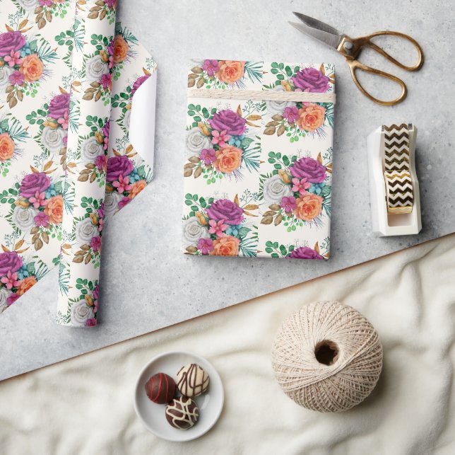 Pink, Orange & White Roses Floral Bouquet Wrapping Paper (Crafts)