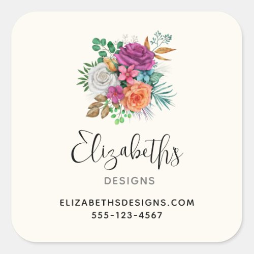 Pink Orange  White Roses Floral Business Square Sticker