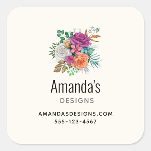Pink Orange  White Roses Floral Business Square Sticker