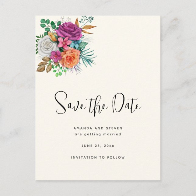 Pink, Orange & White Roses Floral Save the Date Invitation Postcard (Front)