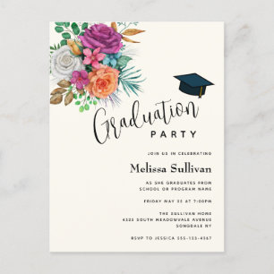 Pink, Orange & White Roses Graduation Invitation Postcard