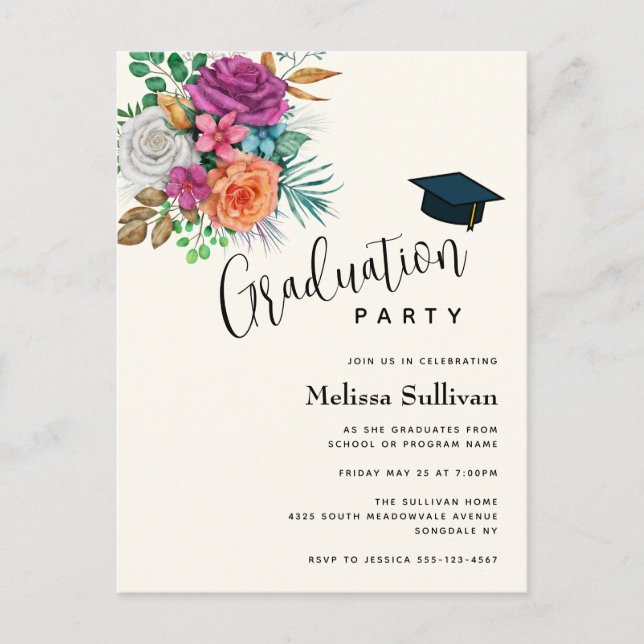 Pink, Orange & White Roses Graduation Invitation Postcard (Front)