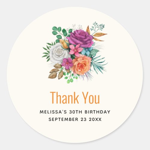 Pink Orange  White Roses Party Thank You Classic Round Sticker