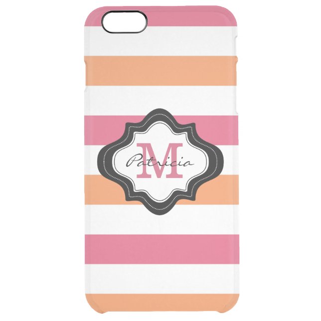 Pink Orange White Stripe Pattern Monogrammed Uncommon iPhone Case (Back)