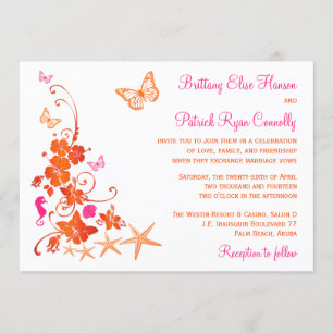 Pink, Orange, White Tropical Beach Wedding Invite