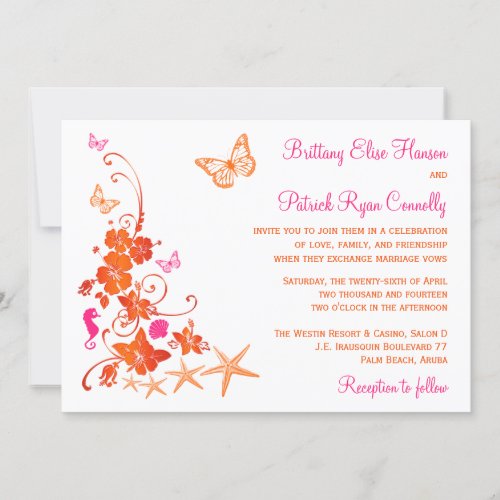Pink, Orange, White Tropical Beach Wedding Invite