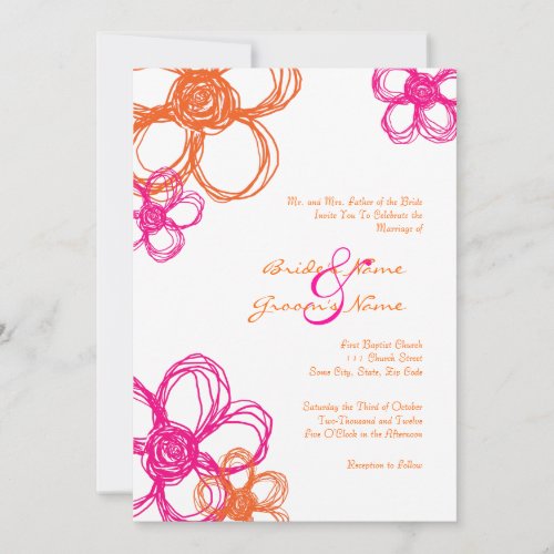 Pink &amp; Orange Wild Flowers 5x7 Wedding Invitation