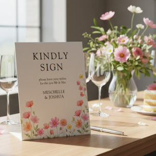 Pink Orange Wildflower Wedding Guest Book Pedestal Sign