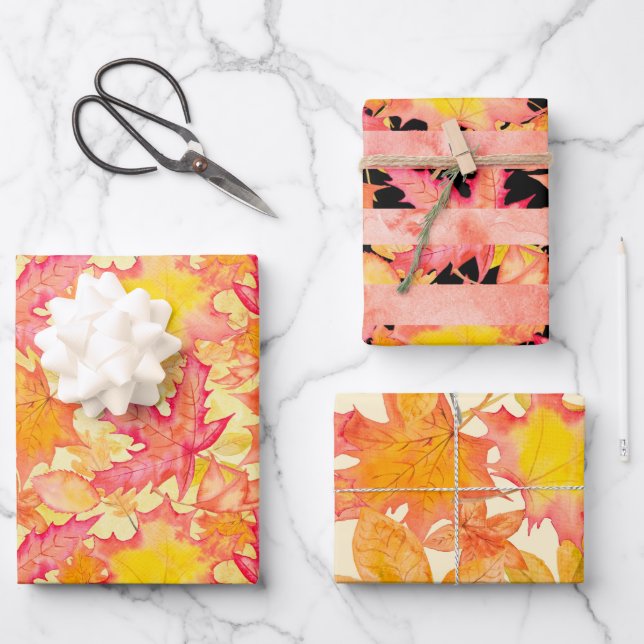 PINK ORANGE YELLOW AUTUMN LEAVES WRAPPING PAPER SHEETS (Front)