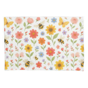 Pink Orange Yellow Floral and Bee Pattern  Pillow Case
