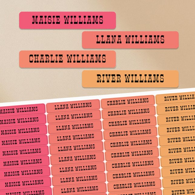 Pink Orange Yellow Girls Western Font Waterproof Kids' Labels (Waterproof Kids Name Labels in Western Rodeo typography and sunset colors by Darling & May)