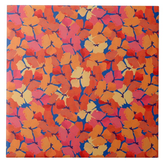 Pink Orange Yellow Poppies Floral Pattern on Blue Ceramic Tile (Front)