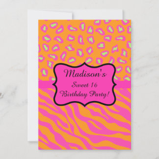 Pink Orange Zebra Leopard Sweet 16 Birthday Party Invitation