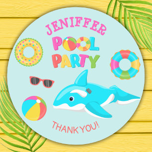 PINK ORCA INFLATABLE POOL PARTY CLASSIC ROUND STICKER
