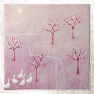 Pink Orchard with Geese Landscape Painting Ceramic Tile
